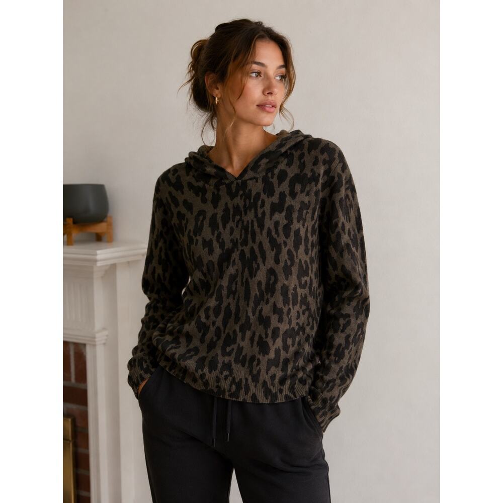 J.Jill Leopard Print Hooded Sweater Women Brown Black Lightweight Knit Pullover - Picture 1 of 12